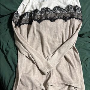 Women's Lace-Trim Long Sleeve Sweater Cardigan - Beige and White